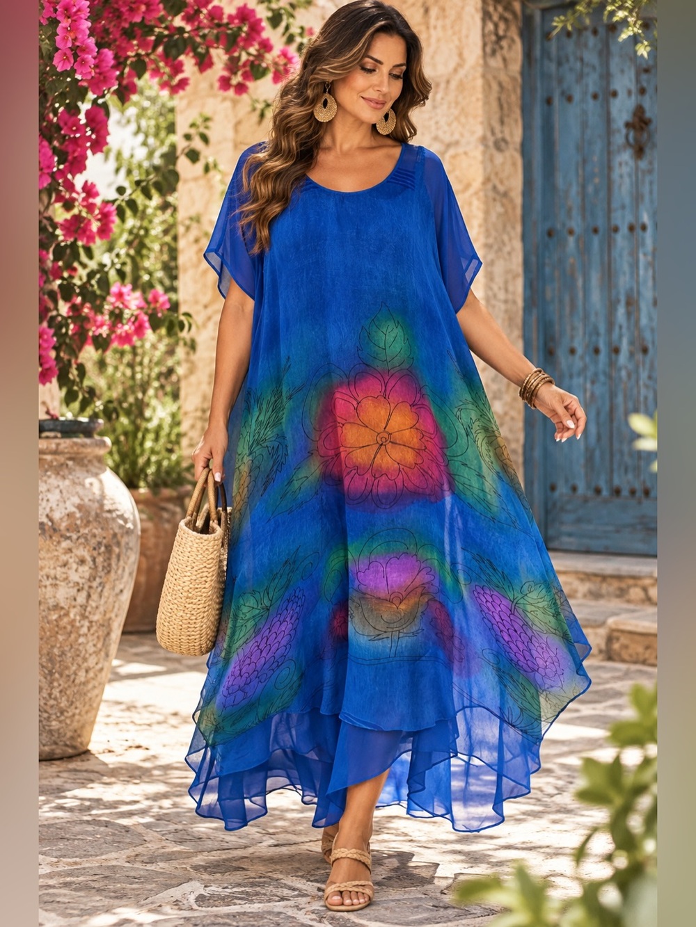 Kloz Lyne Blue Floral Maxi Dress 3X Boho Lagenlook Sheer Layer Artsy